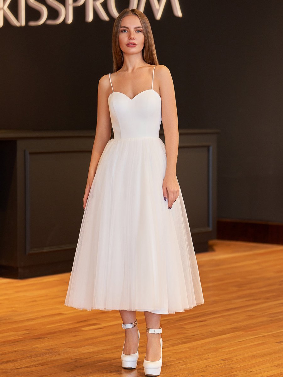 A-Line Spaghetti Straps White Satin Tulle Tea-Length Wedding Dresses