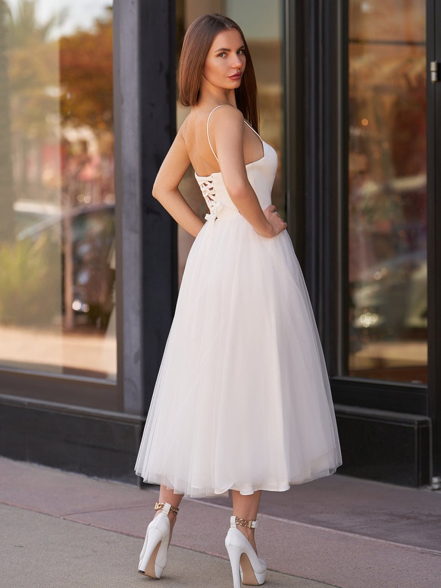 A-Line Spaghetti Straps White Satin Tulle Tea-Length Wedding Dresses