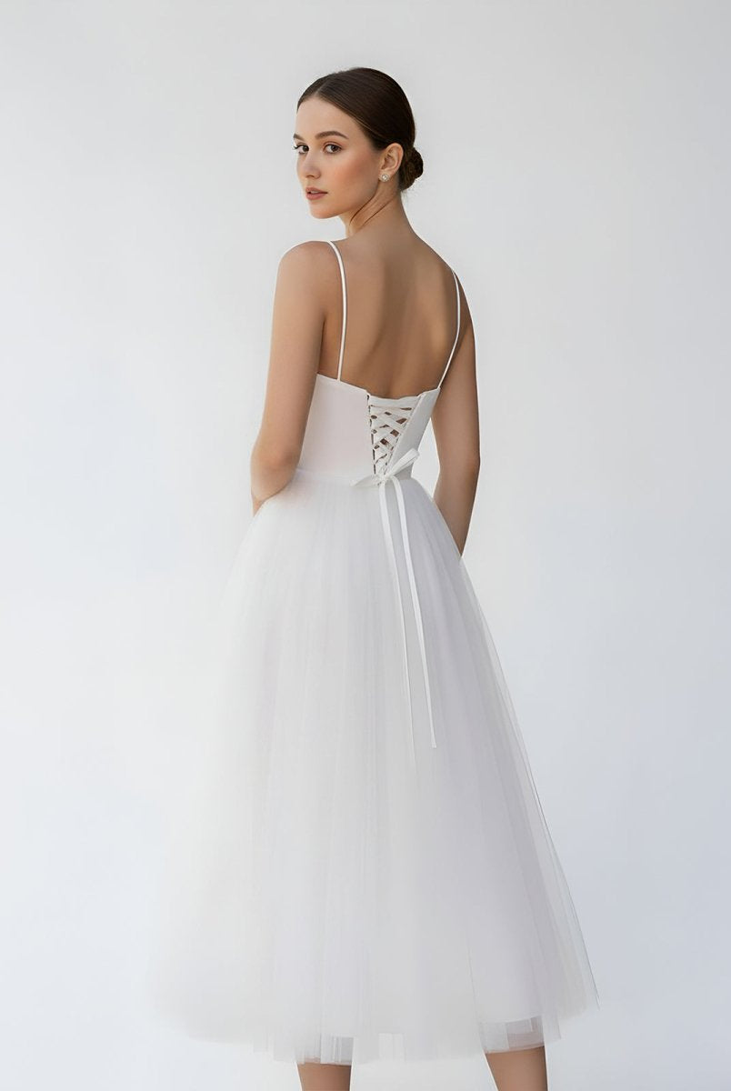 A - Line Spaghetti Straps White Satin Tulle Tea - Length Wedding Dresses - KissProm