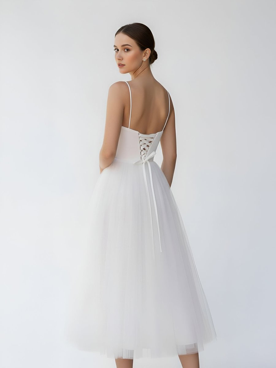 A - Line Spaghetti Straps White Satin Tulle Tea - Length Wedding Dresses - KissProm