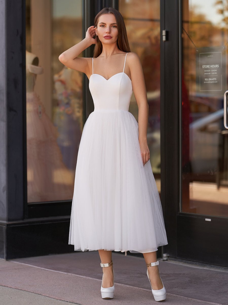 A-Line Spaghetti Straps White Satin Tulle Tea-Length Wedding Dresses