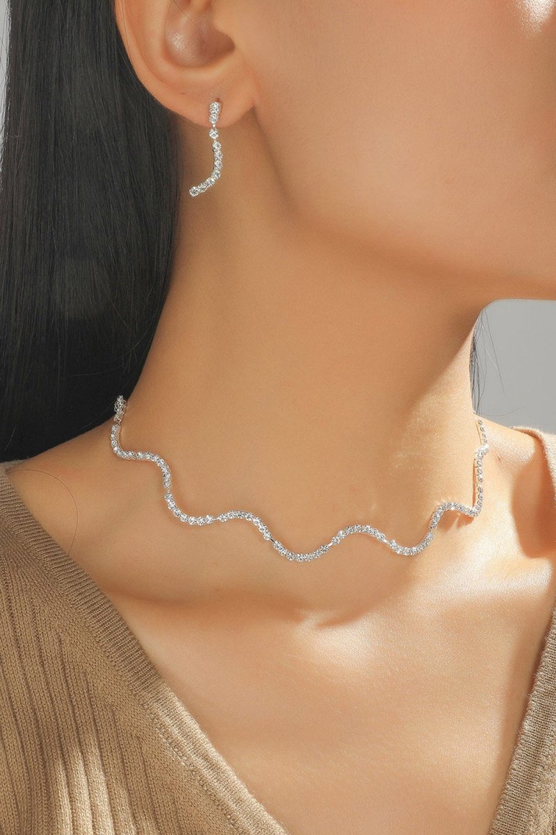 Simple Thin Rhinestone Necklace And Earrings Set - KissProm