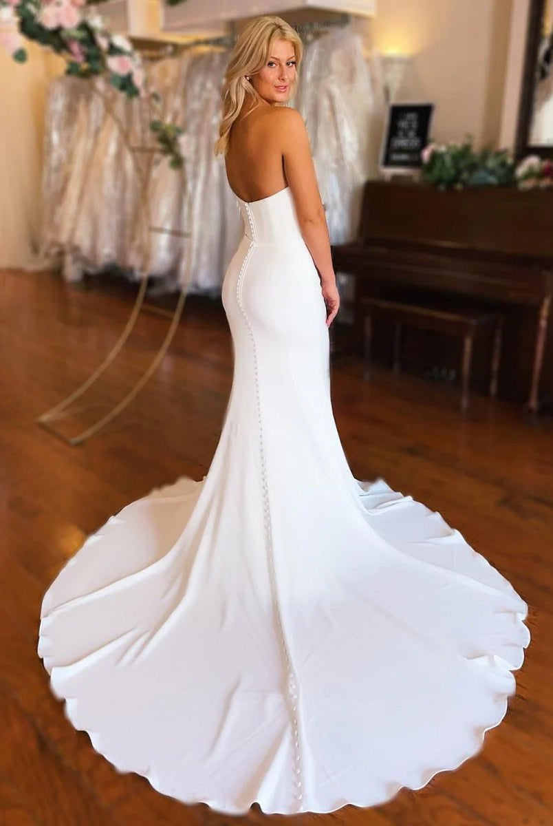 Skyla | Simple White Boho Mermaid Satin Long Sleeveless Wedding Dress - KissProm