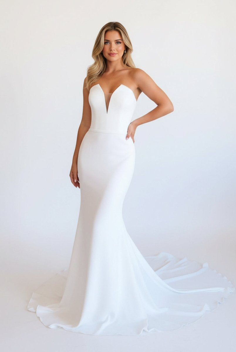 Skyla | Simple White Boho Mermaid Satin Long Sleeveless Wedding Dress - KissProm