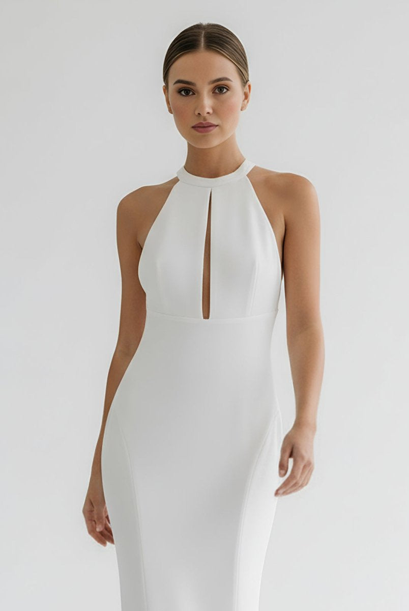 Milena | Simple White Halter Open Back Long Wedding Dress - KissProm