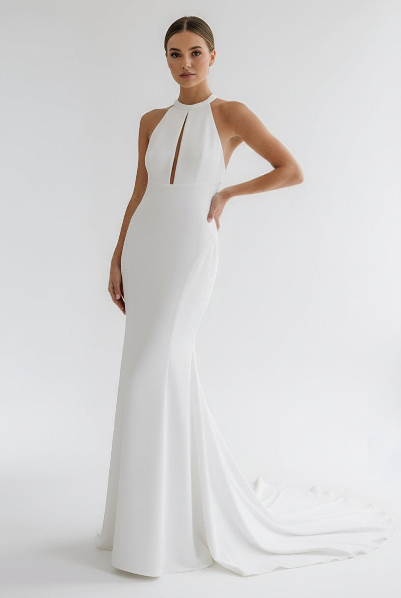 Milena | Simple White Halter Open Back Long Wedding Dress - KissProm