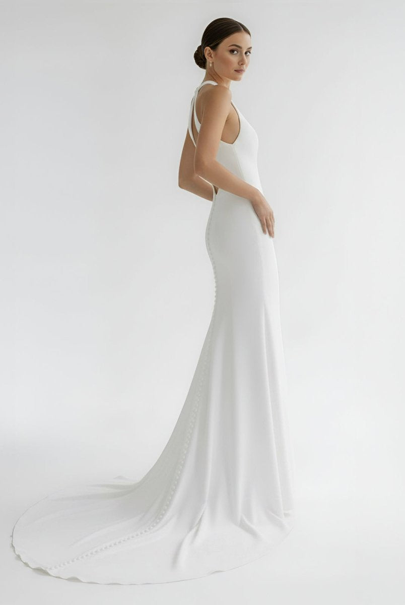 Milena | Simple White Halter Open Back Long Wedding Dress - KissProm