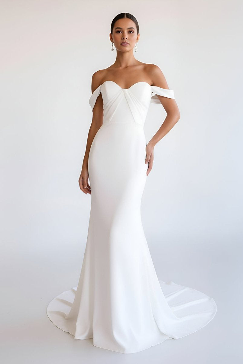 Naya | Simple White Mermaid Off - the - Shoulder Boho Wedding Dress - KissProm