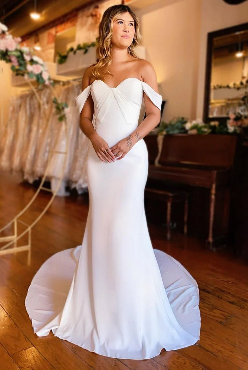Naya | Simple White Mermaid Off - the - Shoulder Boho Wedding Dress - KissProm