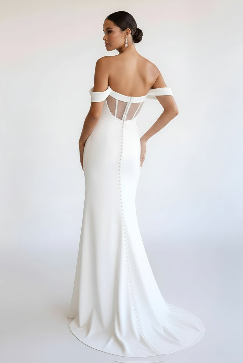 Naya | Simple White Mermaid Off - the - Shoulder Boho Wedding Dress - KissProm