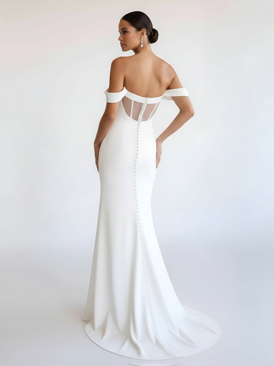 Naya | Simple White Mermaid Off - the - Shoulder Boho Wedding Dress - KissProm