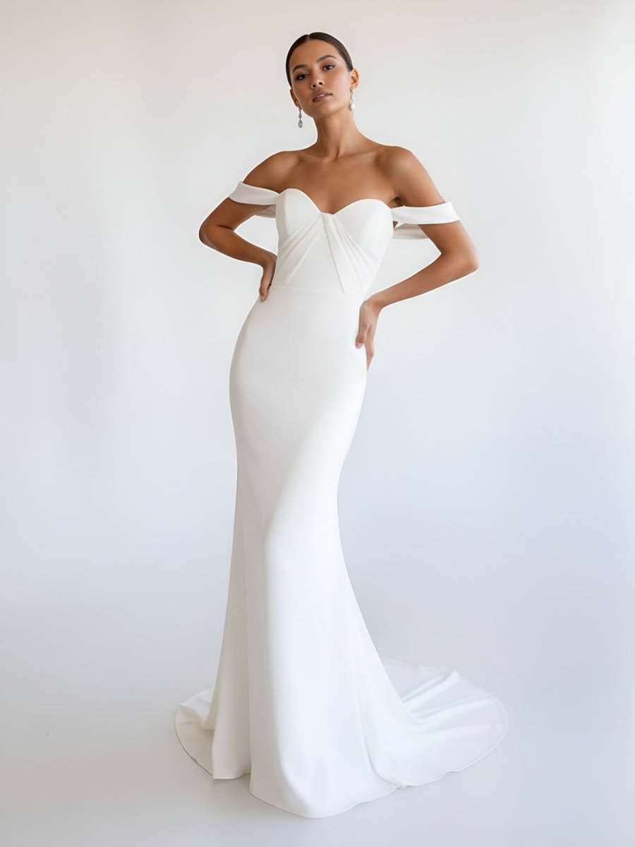 Naya | Simple White Mermaid Off - the - Shoulder Boho Wedding Dress - KissProm