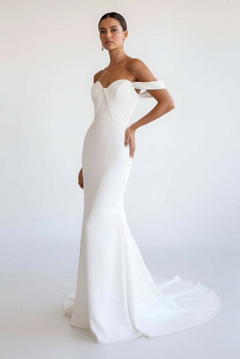 Naya | Simple White Mermaid Off - the - Shoulder Boho Wedding Dress - KissProm