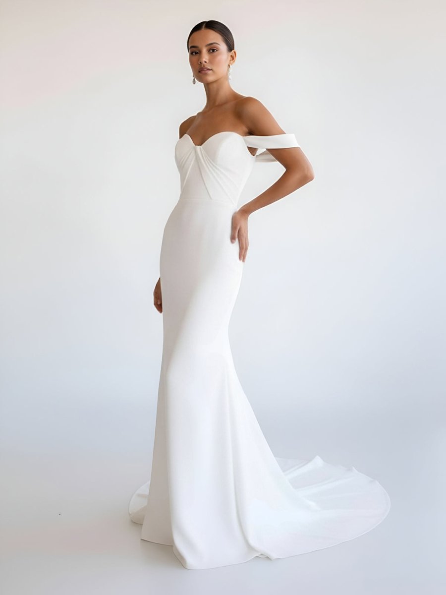 Naya | Simple White Mermaid Off - the - Shoulder Boho Wedding Dress - KissProm