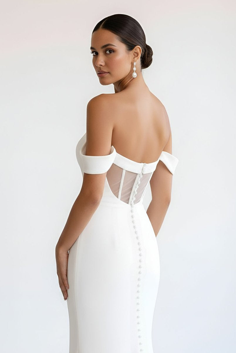 Naya | Simple White Mermaid Off - the - Shoulder Boho Wedding Dress - KissProm