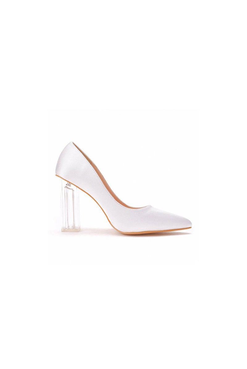 Simple White Pointed Toe Transparent Block Heels - KissProm