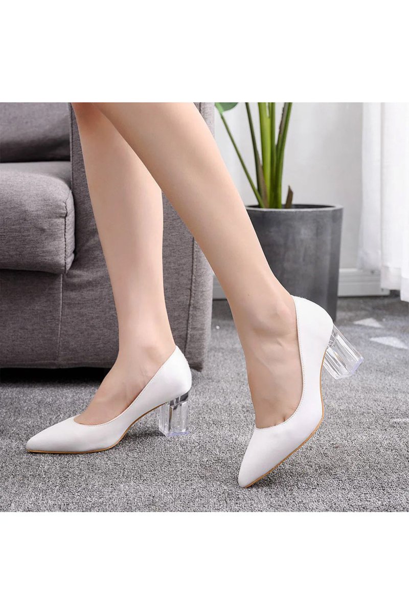 Simple White Pointed Toe Transparent Block Heels - KissProm