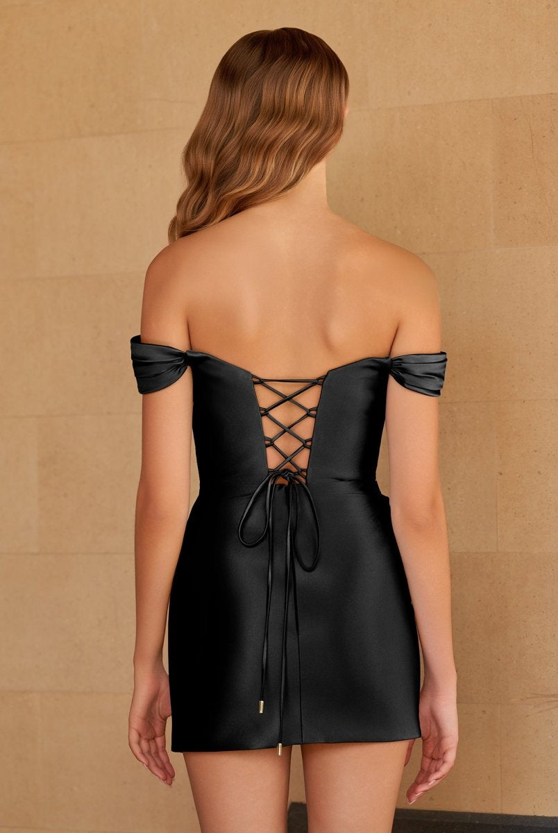 Sira | Black - Bodycon Satin Off the Shoulder Homecoming Dresses with Beads