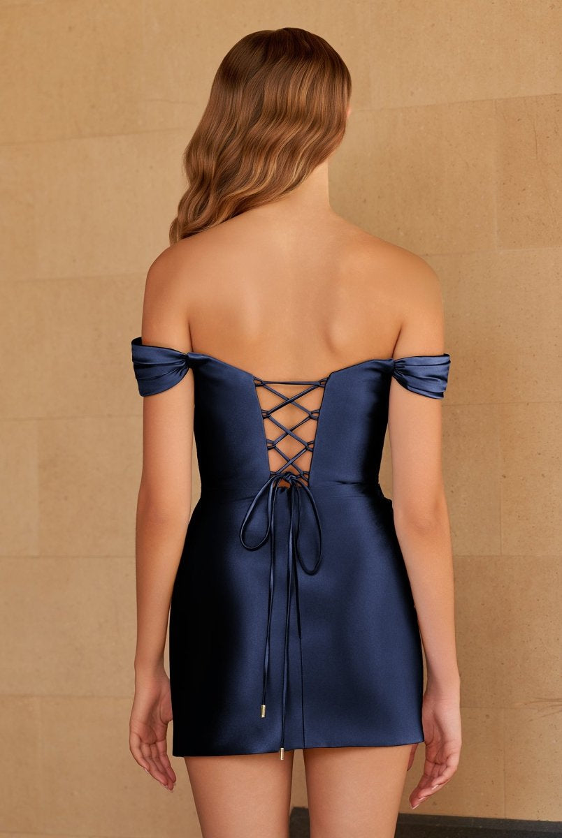 Sira | Navy Blue - Bodycon Satin Off the Shoulder Homecoming Dresses with Beads - KissProm