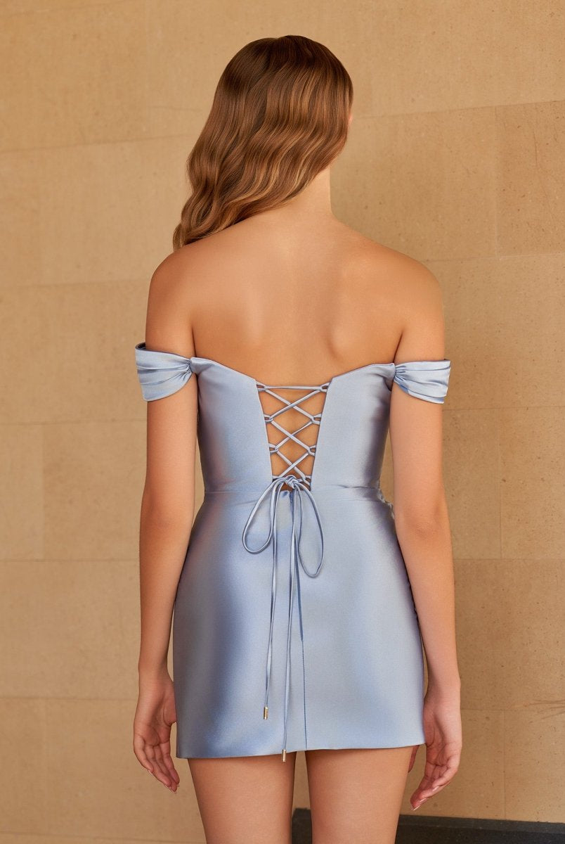 Sira | Dusty Blue - Bodycon Satin Off the Shoulder Homecoming Dresses with Beads