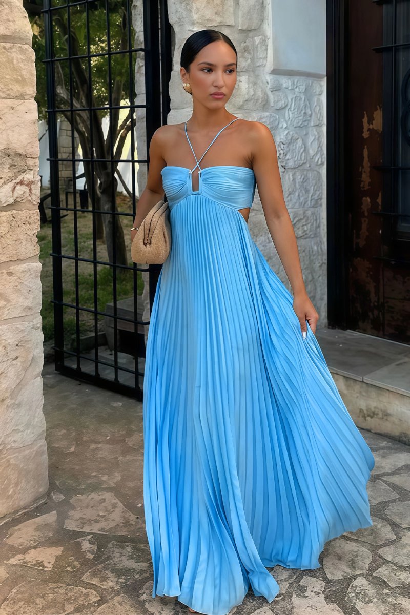 KissProm-Sissone Blue Halter Pleated Satin A Line Prom Dresses With Cutout