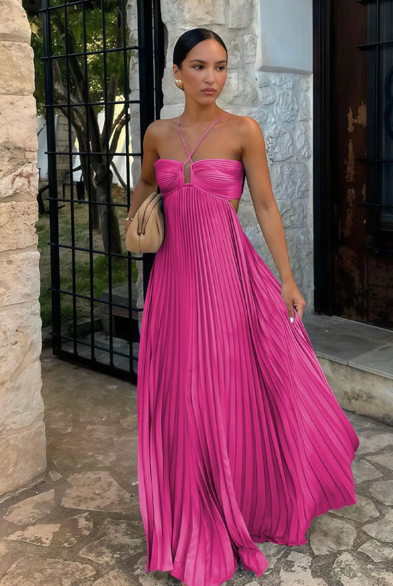 Sissone | Sky Blue - Halter Pleated Satin A Line Prom Dresses With Cutout - KissProm