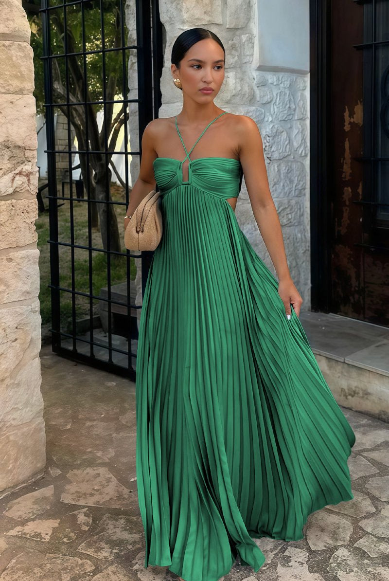 Sissone | Sky Blue - Halter Pleated Satin A Line Prom Dresses With Cutout - KissProm