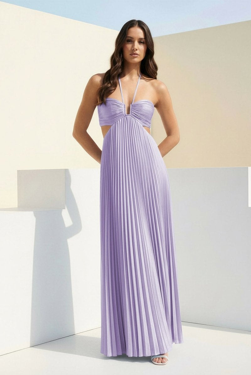 Sissone | Sky Blue - Halter Pleated Satin A Line Prom Dresses With Cutout - KissProm