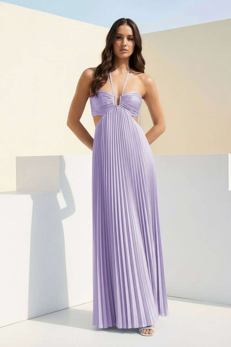 Sissone | Sky Blue - Halter Pleated Satin A Line Prom Dresses With Cutout - KissProm