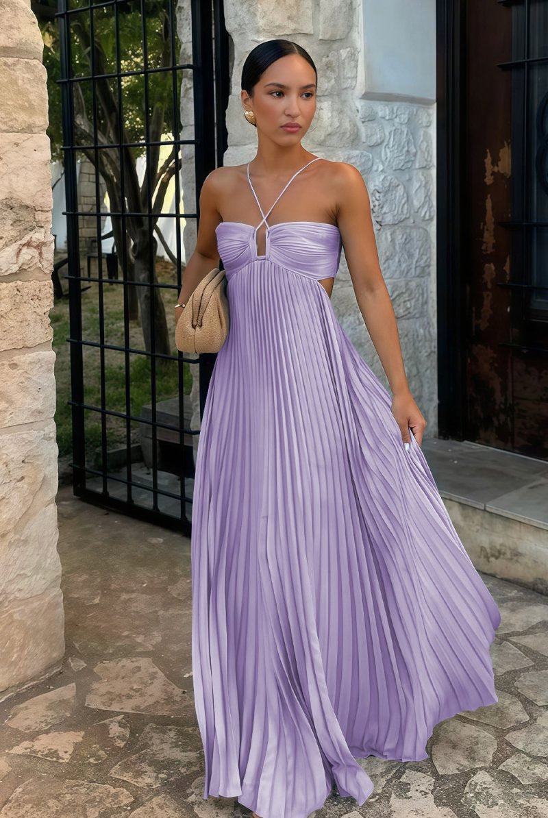 Sissone | Sky Blue - Halter Pleated Satin A Line Prom Dresses With Cutout - KissProm