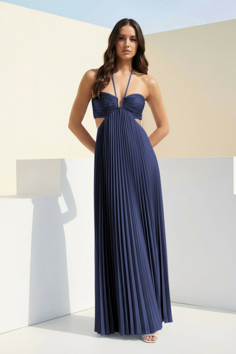 Sissone | Sky Blue - Halter Pleated Satin A Line Prom Dresses With Cutout - KissProm