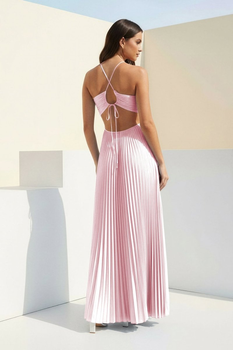 Sissone | Sky Blue - Halter Pleated Satin A Line Prom Dresses With Cutout - KissProm