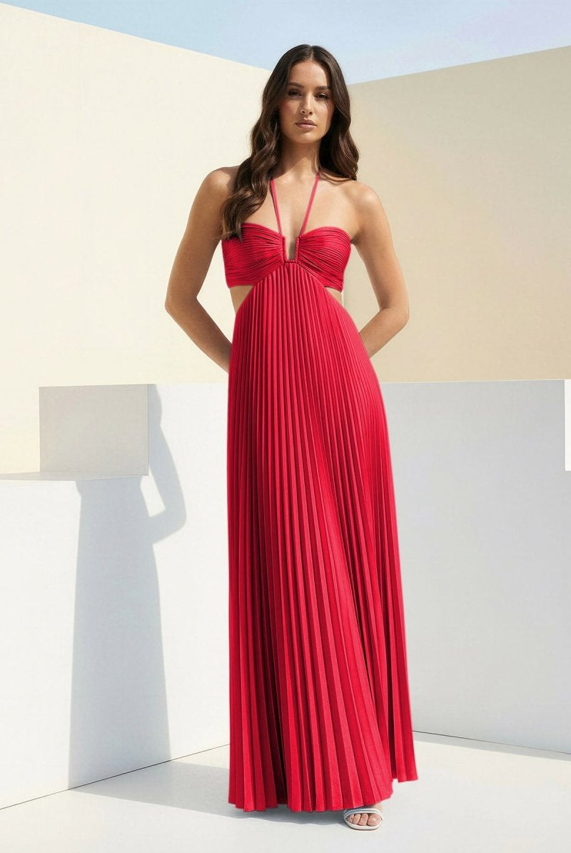 Sissone | Sky Blue - Halter Pleated Satin A Line Prom Dresses With Cutout - KissProm