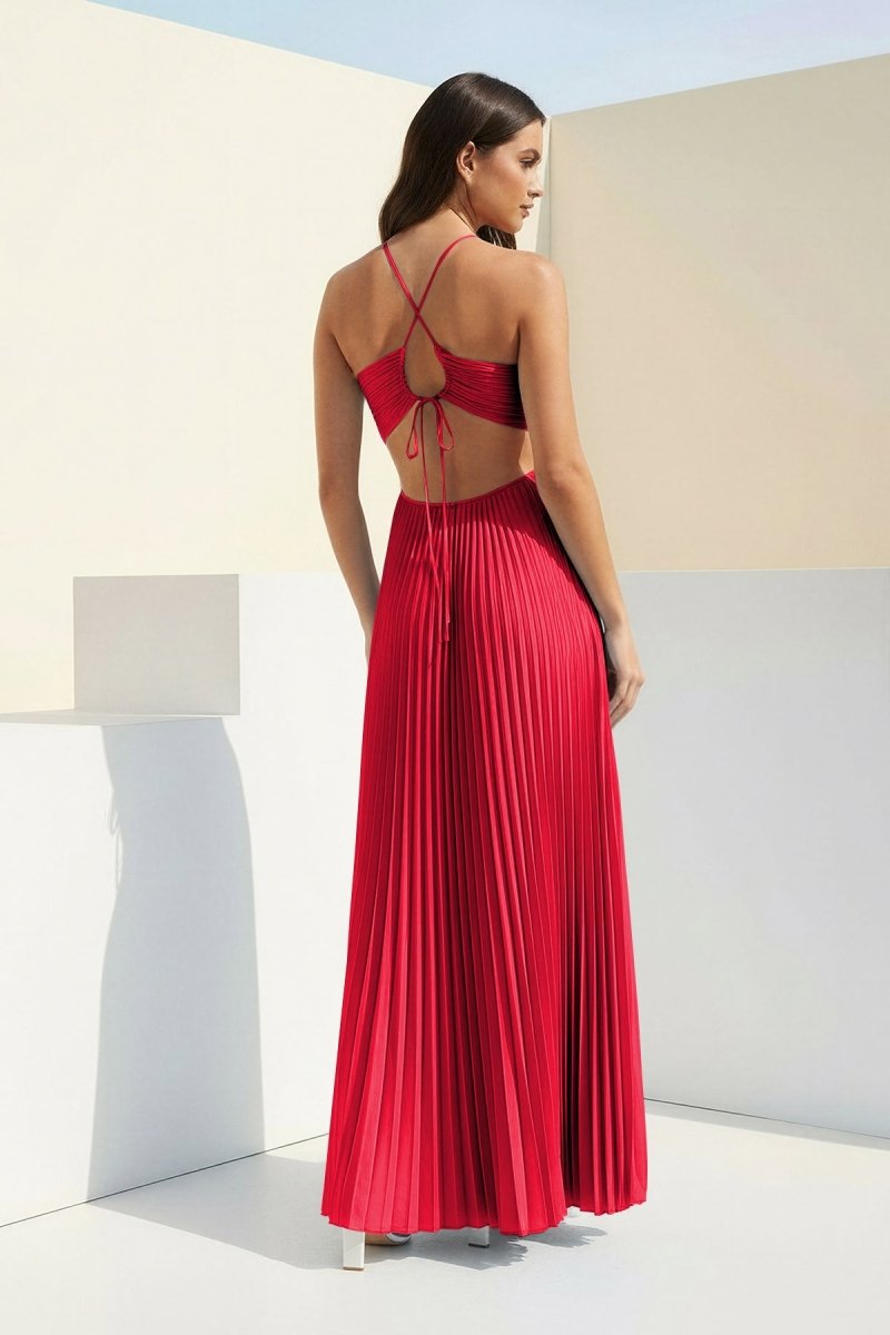 Sissone | Sky Blue - Halter Pleated Satin A Line Prom Dresses With Cutout - KissProm