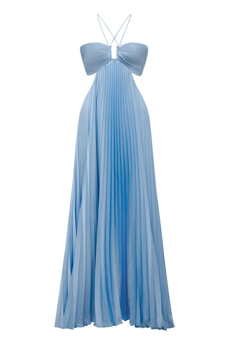 KissProm-Sissone Sky Blue Halter Pleated Satin A Line Prom Dresses With Cutout