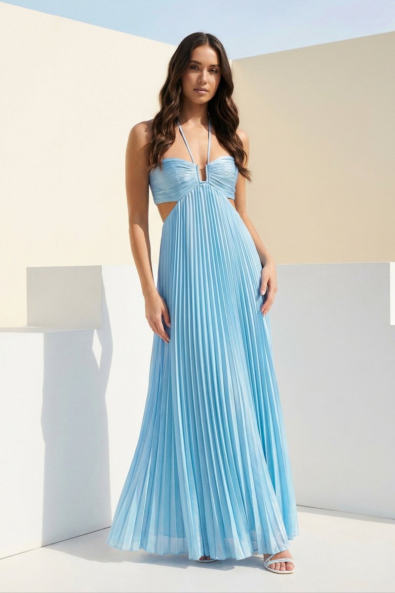 Sissone | Sky Blue - Halter Pleated Satin A Line Prom Dresses With Cutout - KissProm