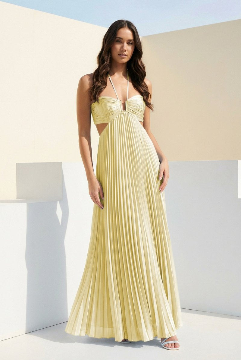 Sissone | Sky Blue - Halter Pleated Satin A Line Prom Dresses With Cutout - KissProm