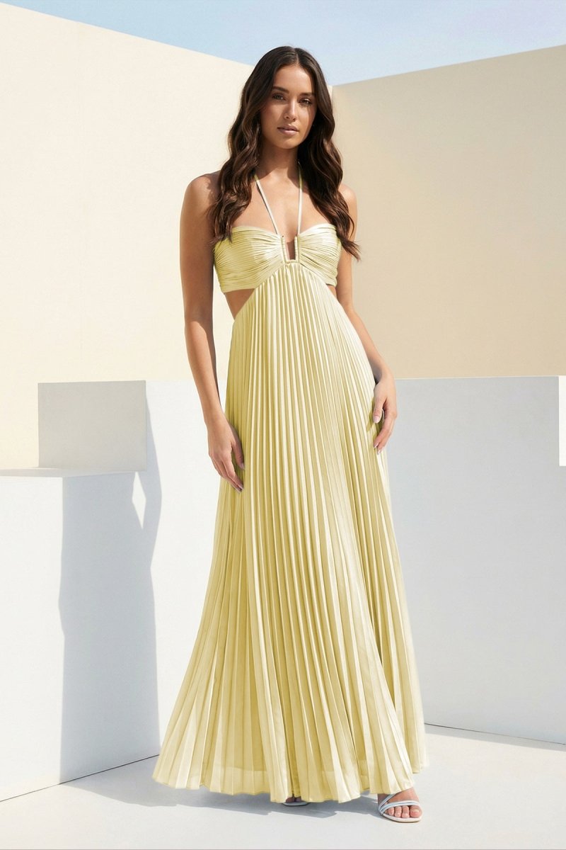Sissone | Sky Blue - Halter Pleated Satin A Line Prom Dresses With Cutout - KissProm