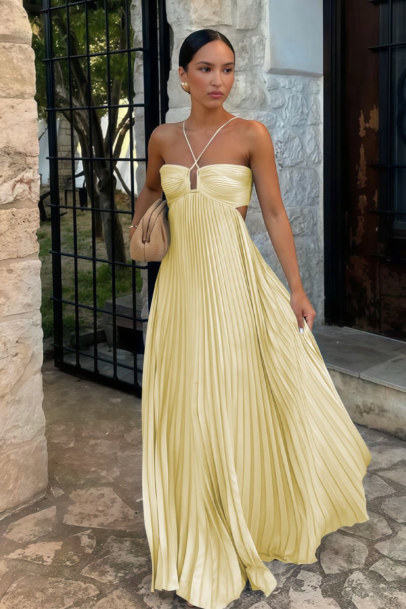 Sissone | Sky Blue - Halter Pleated Satin A Line Prom Dresses With Cutout - KissProm