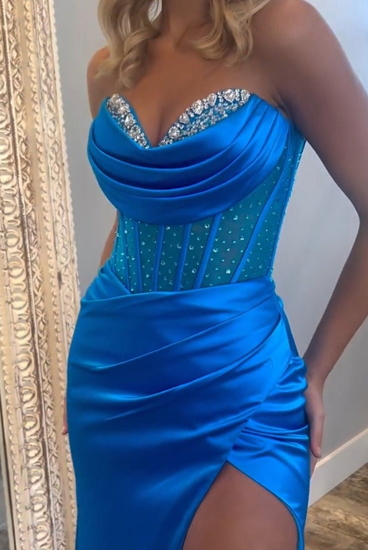 Siva | Royal Blue Strapless Satin Mermaid Prom Dress With Beading - KissProm