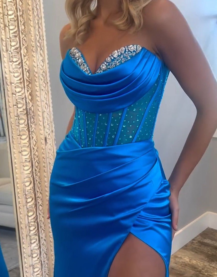 Siva | Royal Blue Strapless Satin Mermaid Prom Dress With Beading - KissProm