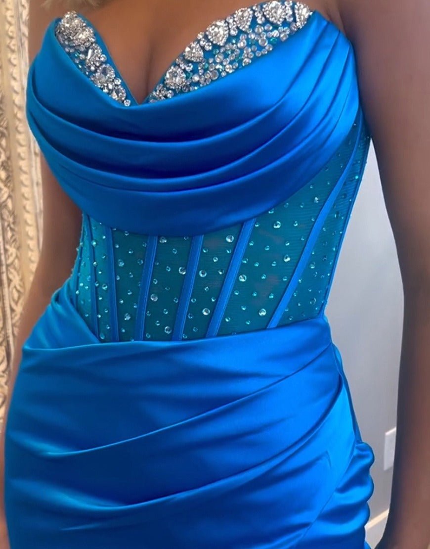 Siva | Royal Blue Strapless Satin Mermaid Prom Dress With Beading - KissProm