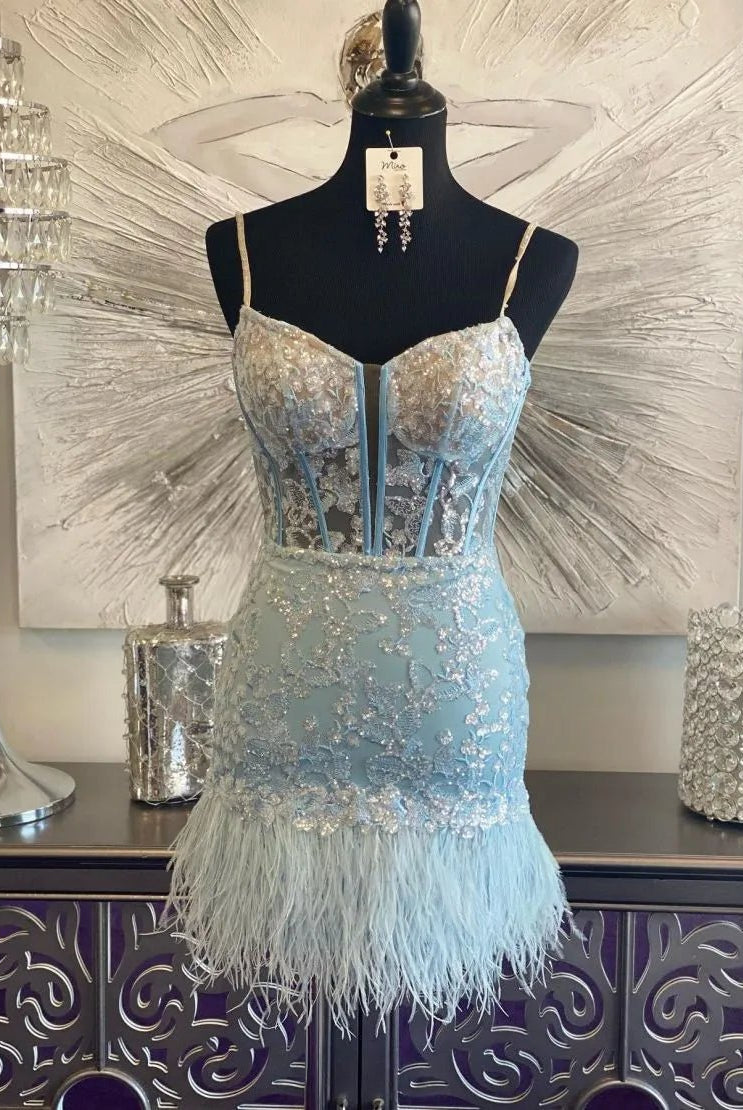 Sky Blue Corset Lace Tight Short Homecoming Dress with Feathers