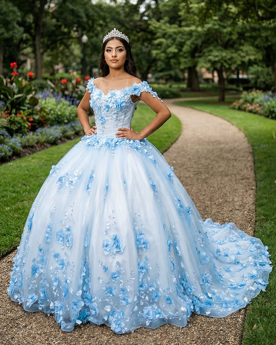 Sky Blue Lace Dress Off The Shoulder 3D Flowers Quinceanera Dresses Sky Blue / Custom Size Sky Blue Lace Dress Off The Shoulder 3D Flowers Quinceanera Dresses Sky Blue / Custom Size
