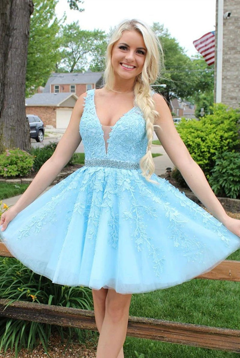 Sky Blue Lace Formal Graduation Homecoming Dress