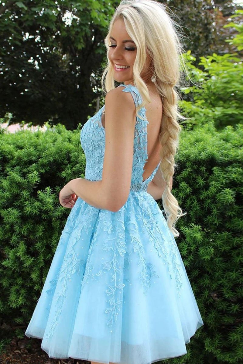 Sky Blue Lace Formal Graduation Homecoming Dress