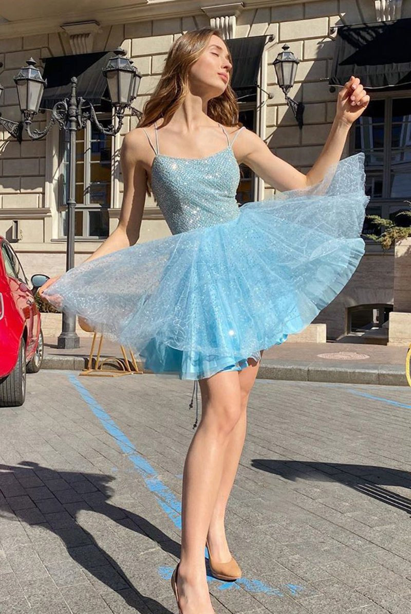 Sky Blue Sequins Lace Beaded Bodice Short Homecoming Dress