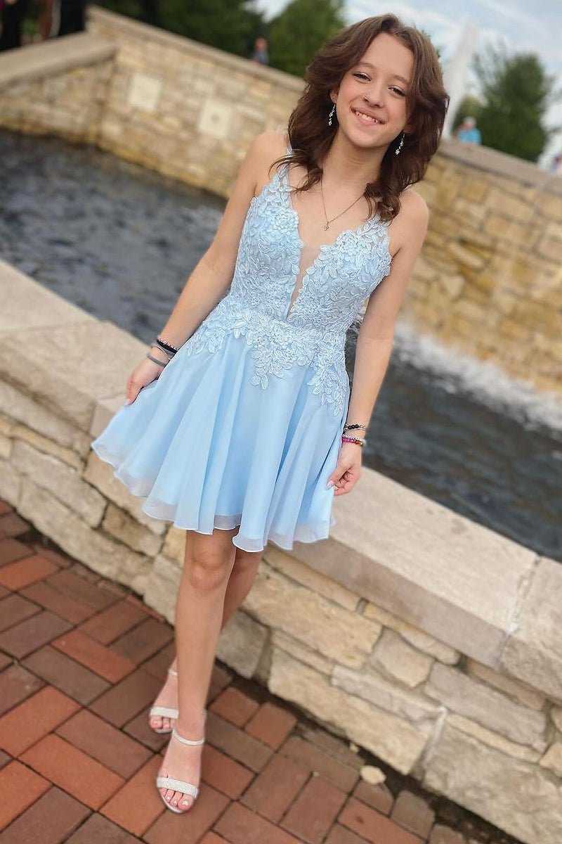 FannyWe Simple Sky Blue A Line V Neck Pleated Tiered Short Homecoming Dress main image 1