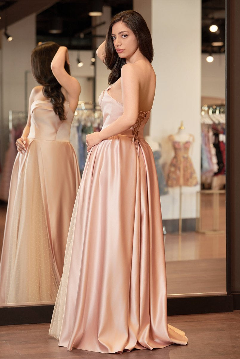 Sleeveless Satin A-Line Floor-Length Evening Gown Slit with Tulle Strapless Prom Dress