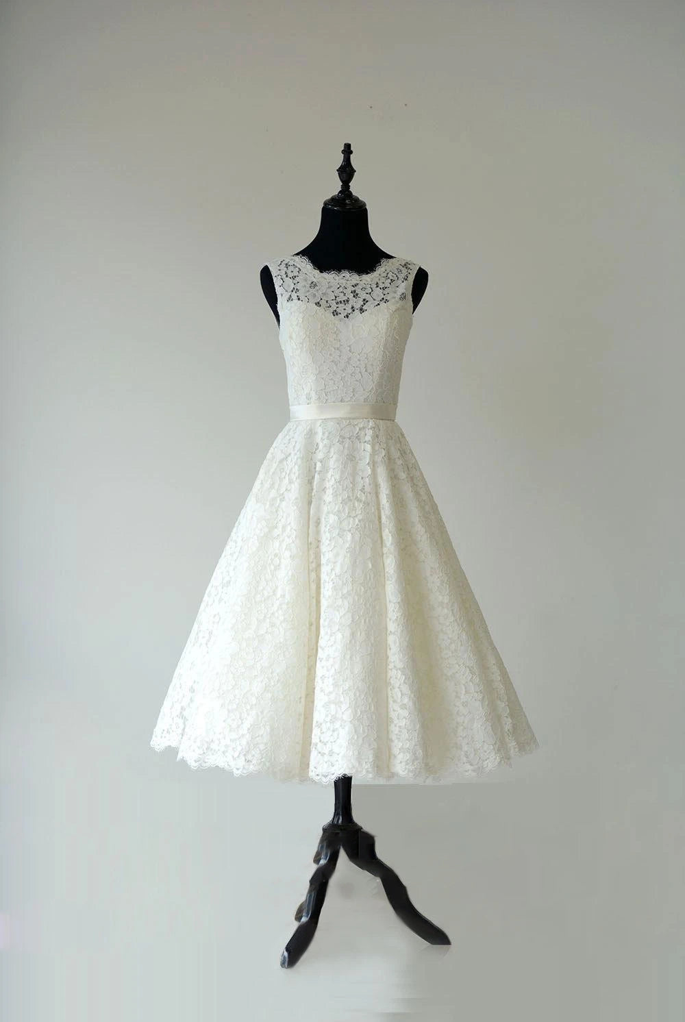 Sleeveless Sheer Illusion Neckline Tea Length Garden Bridal Dress With Waistband